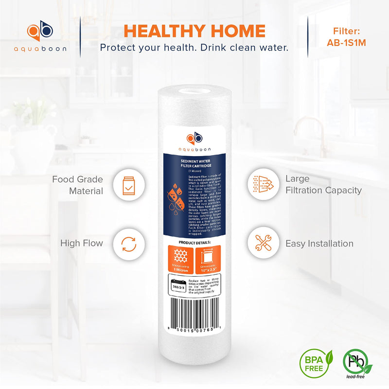Aquaboon 1 Micron Whole House Sediment Filter 10 x 2.5 for RO & Well Water Filters Replacement Cartridges Compatible with AP110, WHKF-GD05, 6 Pack 6-PACK