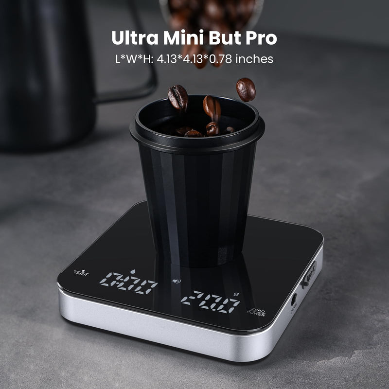 Rechargeable Mini Coffee Scale with Timer, Maestri House Espresso Scale, 2kg/0.1g Accurate Scale for Espresso and Pour-Over Coffee, Portable Digital Kitchen Scale with Automatic Timing（Black&Silver） Black&Silver
