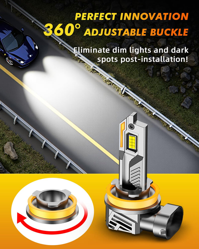 H11/H9/H8 Light Bulbs, [ Latest & Upgraded ] 40,000LM 10X Ultra-Bright, 360° Adjustable Quick Install, Real 1:1 Size Direct Replacement H11 Fog Light Bulb, 6500K Cool White, Pack of 2 H11/H9/H8