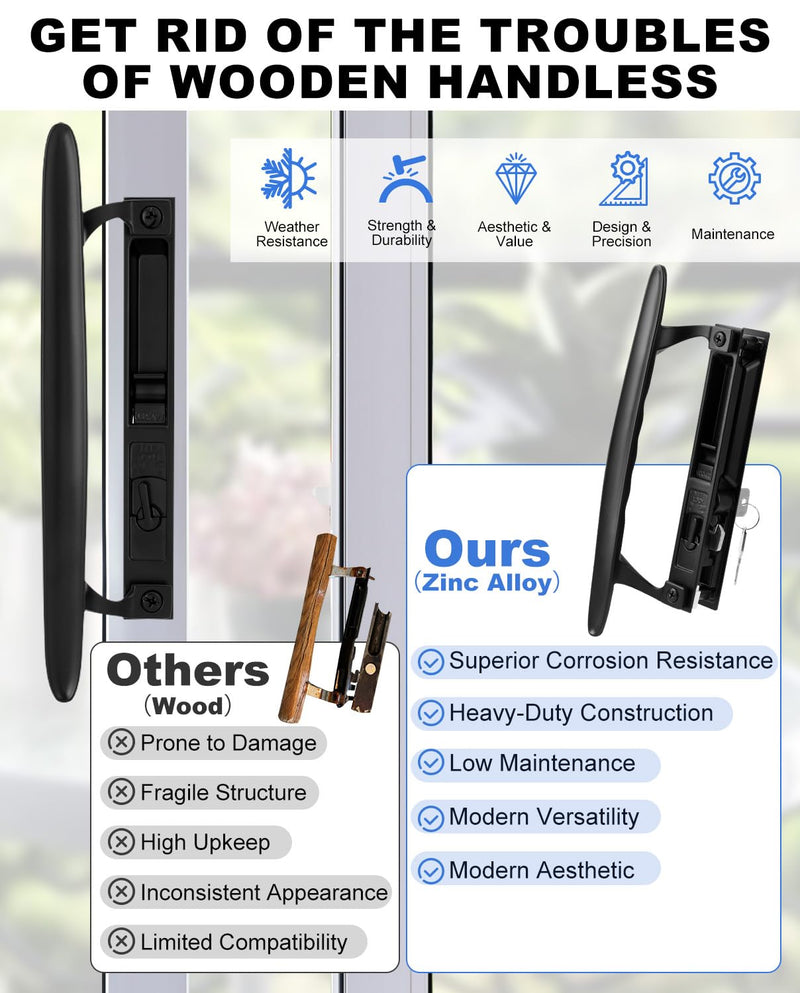 Keyed Sliding Patio Door Handle Set, Black Diecast Replacement Handle with Hook Lock, Fits 1" to 1-1/8" Thick Sliding Glass Doors, 6-5/8" Hole Spacing, Non-Handed Reversible Design 6-5/8" H.C Keyed