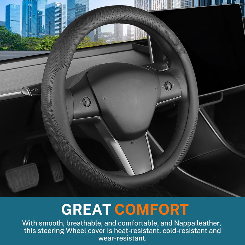 Leather Steering Wheel Cover Custom-Fit for Tesla Model 3/Y 2016-2026, Comfort Grip Design Breathable and Non-Slip, Model 3/Y Car Steering Wheel Protector, Tesla Accessories,Black(A-Style, for Tesla) A-Style