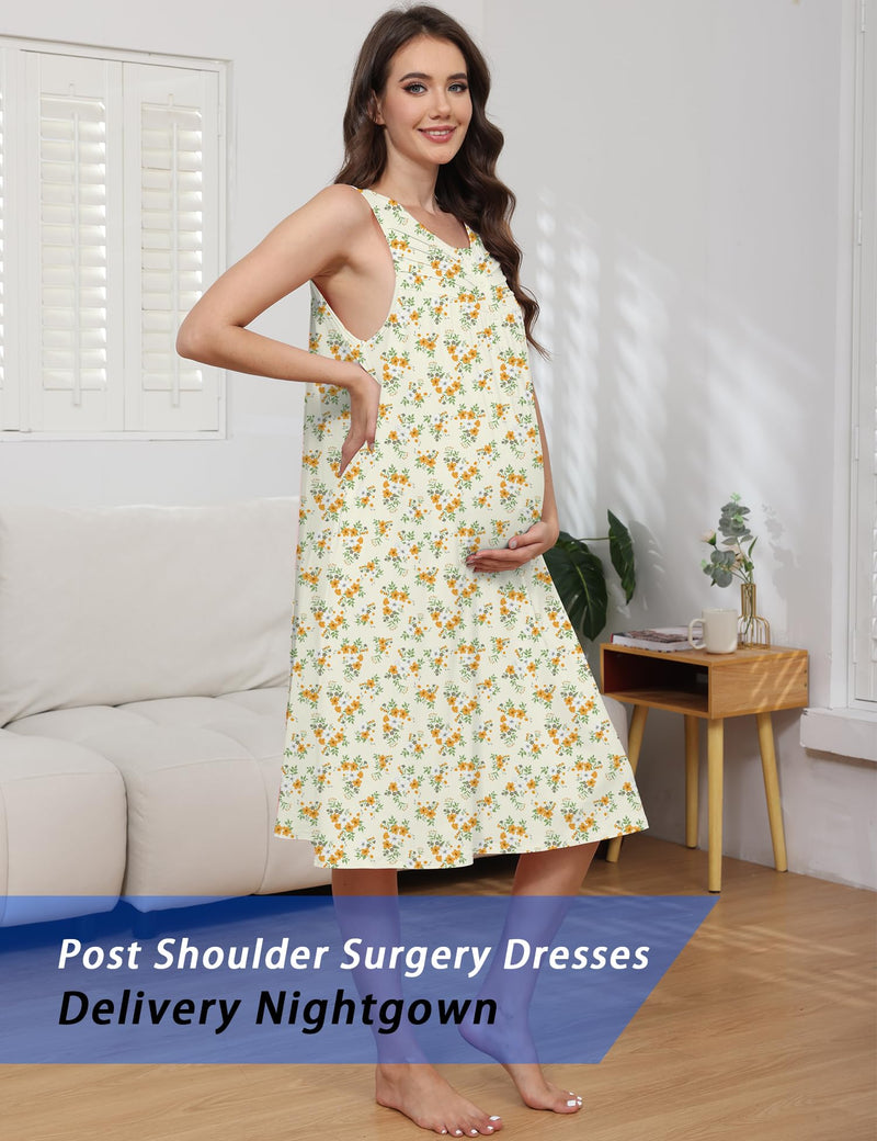 Hospital Gowns for Women Tear Away Snap Open Back Post Shoulder Surgery Sleeveless Adaptive Clothing with Pockets Yellow Flower Small