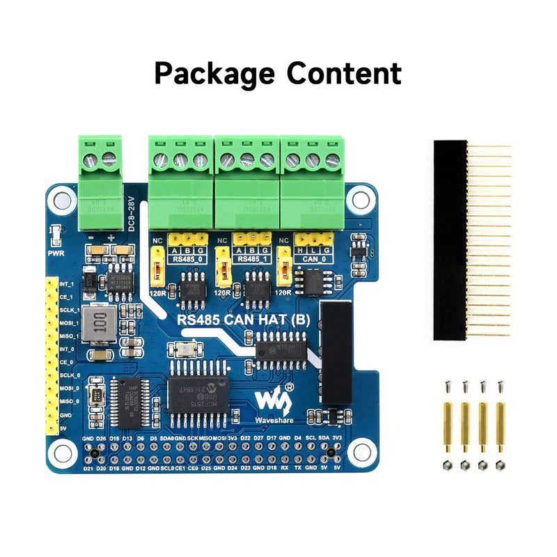 waveshare Isolated RS485 CAN HAT B, Compatible with Raspberry Pi 5/4B/3B/Zero/Zero W/Zero 2W/Pico/Pico W/Pico WH, Type 2-Ch RS485 and 1-Ch CAN Multi Protections