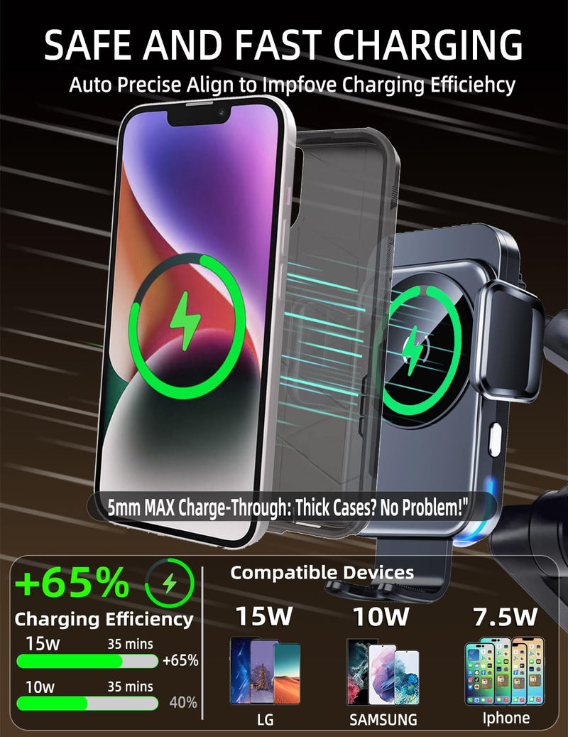 Wireless Car Charger Phone Holder Mount for Truck, 15W Fast Charging | 15-Inch Long Arm, Heavy Duty Trucks and Pickup Accessories, Strong Vacuum Dashboard & Windshield Mount, for iPhone Samsung LG TRUCK-1