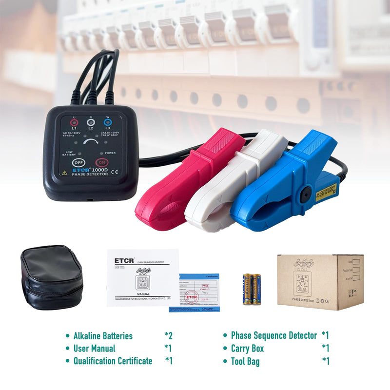 ETCR1000D Non-Contact Phase Sequence Tester, Phase Rotation Meter, AC 70-1000V, Wire Diameter 0.4-1.6 inch