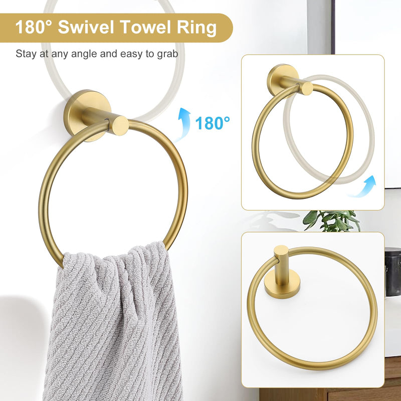 TQKAG 5 Piece Bathroom Accessories Set Brushed Gold Bathroom Hardware Set 23.6 Inch Bath Towel Bar Set SUS304 Stainless Steel Towel Rack Set 5-Pieces Set