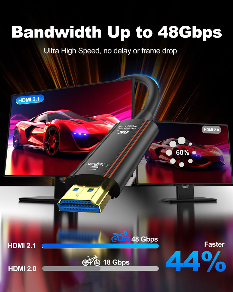 Fiber Optic HDMI Cable 50FT, 8K Long HDMI 2.1 Cord 48Gbps Ultra high Speed Support 8K@60Hz 4K@240Hz Dynamic HDR/eARC/HDCP 2.2&2.3/3D Compatible with PS5 PS4 Xbox HDTV Monitor Projector