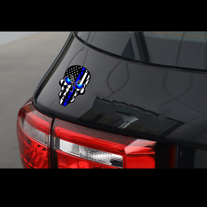2 Pack Car Decals Stickers Skull Reflective US Flag with Thin Blue Line, Honoring Police Law Enforcement Vinyl Stickers Van Trucks Women Men Motorcycle Laptop Decals Skateboard Bike Bumper Window Thin Bule Skull