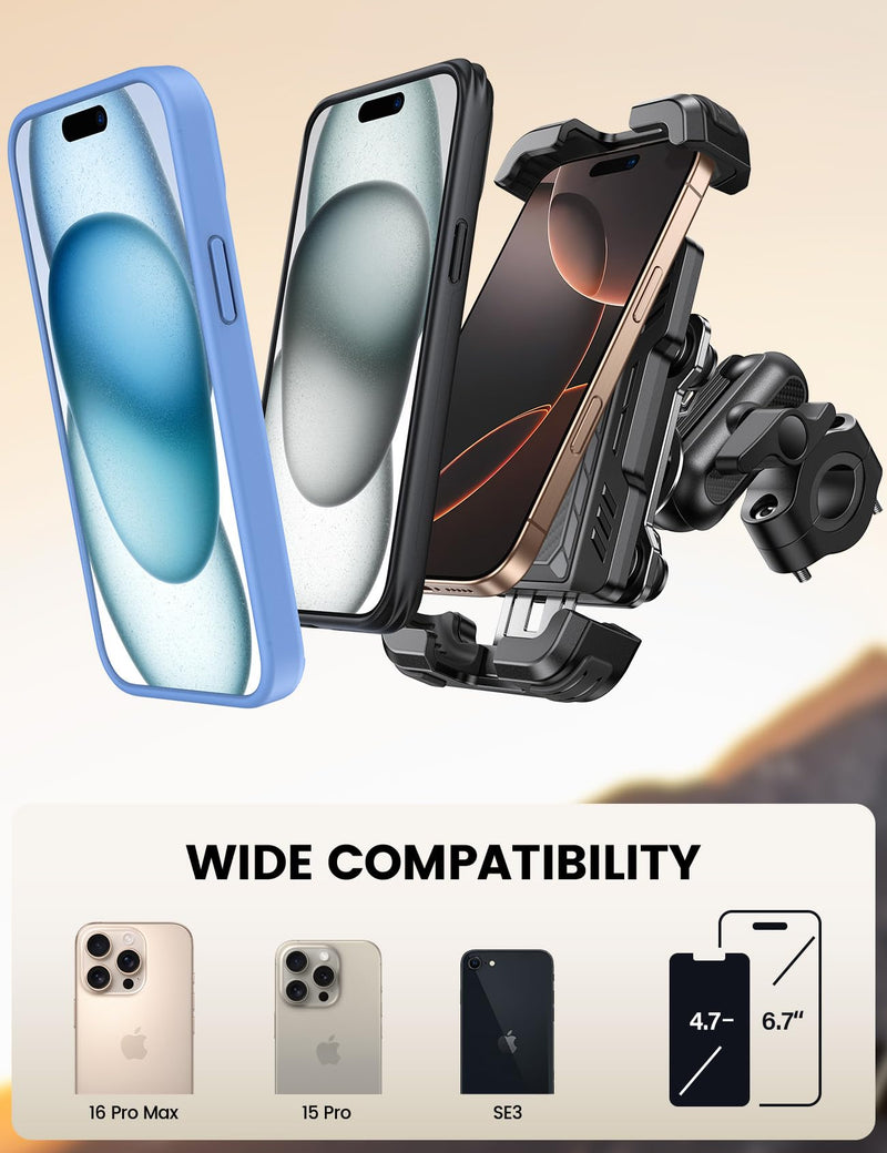 Lamicall Motorcycle Phone Mount Holder - [Metal Extension Arm] [Dual Vibration Dampener] Motorcycle Cell Phone Mount, Bike Bicycle Handlebar Phone Clamp, for iPhone 16/15/ 14 Pro Max, 4.7-6.7" Phones