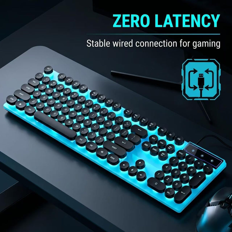 Vintage Round Keycaps Wired Keyboard with RGB LED Backlight, Quiet Gaming Keyboard for PC, Laptop, Desktop, Office & Home(Black) Black2