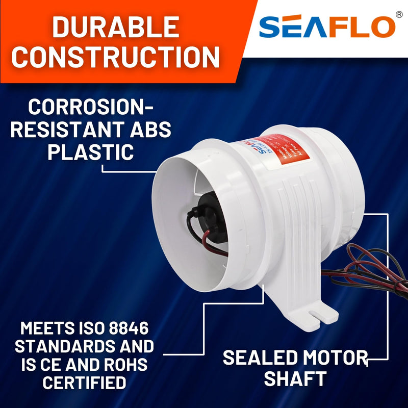 SEAFLO in-Line Marine Bilge Air Blowers- 12V, 3 or 4", 130-270 CFM Ultra-Quiet Operation 4 or 3 Inch for Yacht/Sailboat/Boat- ISO 8846, CE & RoHs Certified - 4-Year Warranty 4" 235 CFM