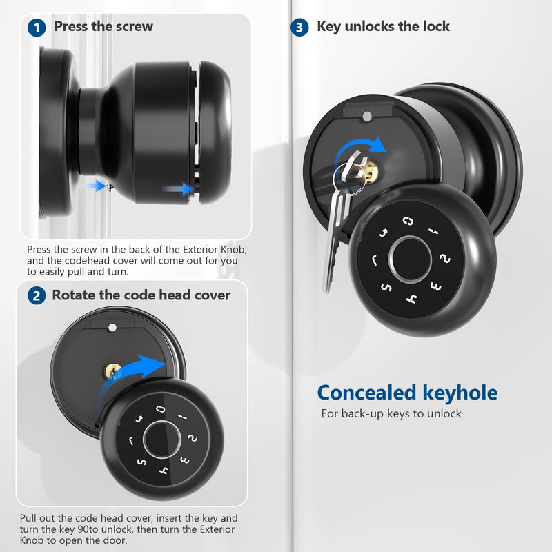Smart Fingerprint Door Lock, 4 in 1 Smart Fingerprint Door Knob with Keypad, App Control, Auto Lock, Biometric Door Knob with Lock for Bedroom, Apartment, Garage, Home & Office Elegant Black