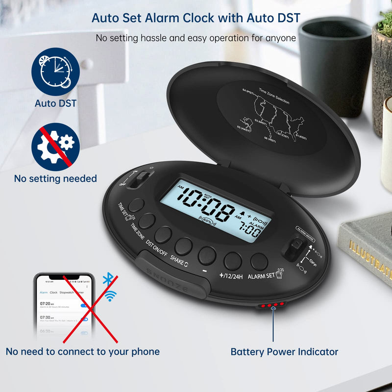 DreamSky Vibrating Alarm Clock for Heavy Sleepers - Bed Shaker Alarm Clock Under Pillow for Adults Teens Kids & Hearing Impaired, Rechargeable Battery Operated for Bedroom, Travel, Auto DST, Backlight Black