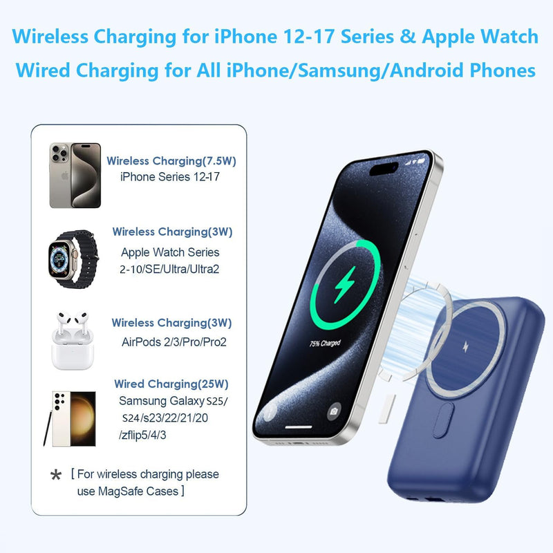 Magnetic Portable Charger with Apple-Watch Charger,10800mAh 25W PD Fast Charging Wireless Power Bank,4 Outputs Travel Essential Battery Pack for Magsafe,iPhone 17/17 Pro Max/16/15/14/13/12 All Series Blue 10800 Milliamp Hours