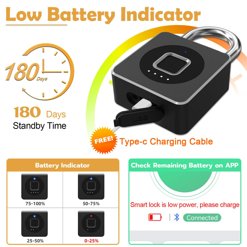 Pothunder Fingerprint Lock With APP, Steel Cable Keyless Biometric Padlock, Smart Waterproof for Gym, Locker, Helmet, Gate, Fence, Luggage Black with Cable
