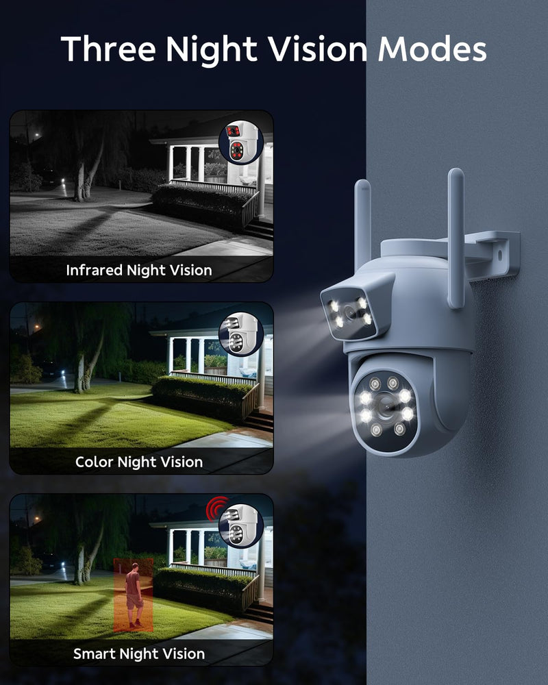 Dual Lens Security Cameras Wireless Outdoor, 2K Full HD Video, 360° View Pan/Tilt Home Security Camera with Color Night Vision, PIR Alarm, 2.4G/5G WiFi, Auto Tracking, 2-Way Audio, Easy to Install Single Camera