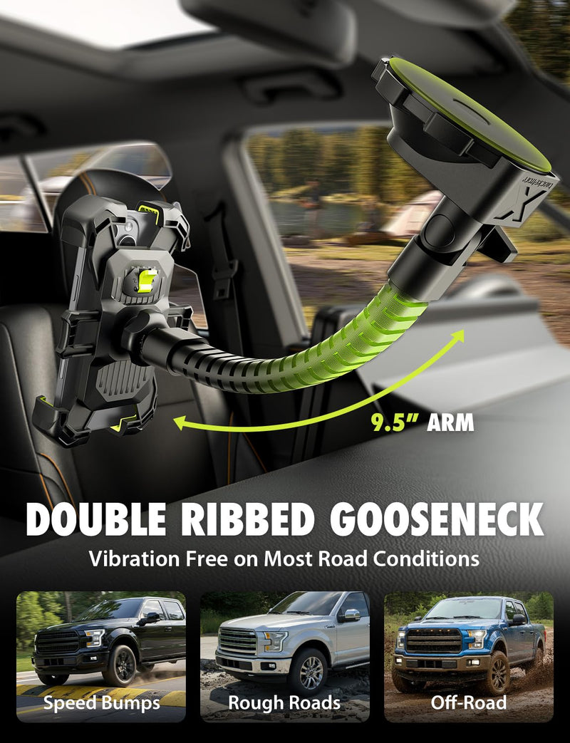 Bracketron X-Lock Heavy Duty Car Phone Holder Truck Dash Windshield Mount | 4-point XGrip security, 360° flexible gooseneck arm, heavy-duty TemperBond suction base, 1-click auto-lock and release