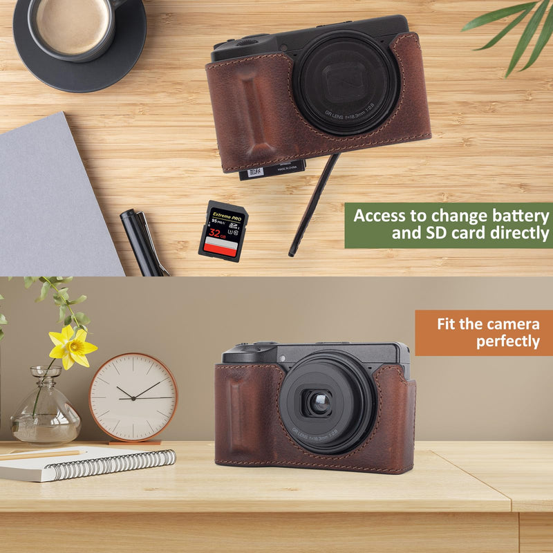 MUZIRI KINOKOO Genuine Leather Case for Ricoh GR IV/GR III/GR III X | Protective Case for GR IV/GR III/GR IIIX Camera,with Opening Bottom and Hand Grip Design,with Screw for Tripod Mounted -Brown Brown