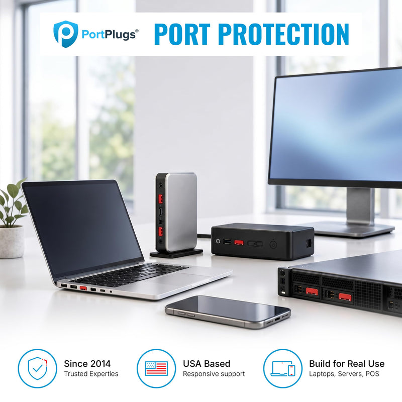 USB A Port Blockers 10 Pack, Two Point Zinc Alloy Locks, 1 Key, Red | Two point locking design, zinc alloy construction, helps deter unauthorized USB access, removable with included key Red - 10 Pack