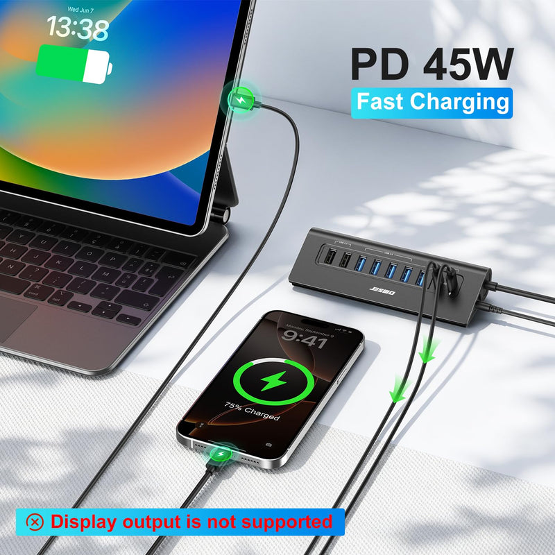 Powered USB Hub, 10Gbps 9-Port JESWO USB Hub, USB 3.2 45W Charging for PC | USB C Hub with 65W adapter, 2 USB 2.0 + 4 USB 3.0 + 3 USB 3.2 A+C ports, Aluminum for PC, Mac, laptop, desktop, and iPhone Black