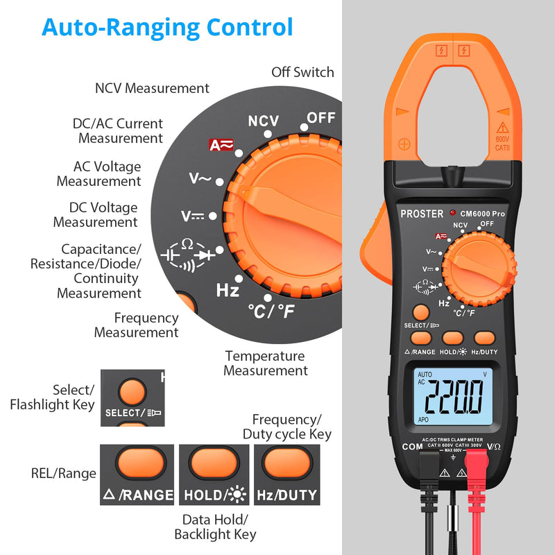 Proster Digital Clamp Meter 6000 Count - 800A DC AC Current Ammeters AC/DC Voltage Multimter, TRMS NCV Continuity Capacitance Resistance Frequency Diode Hz Tester, with Test Leads, Alligator Clips Black 6000Counts