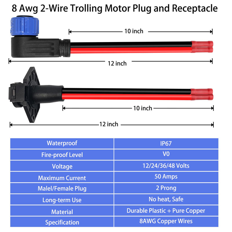 Trolling Motor Plugs for Minn Kota,50A Trolling Motor Plug Receptacle Set for Marine Boat Down Rigger Fishing Reel,2-Wire 8 Gauge Male & Female Watertight Quick Connect 12V/24V/36V/48V 2-Prong,Elbow (1pk blue)