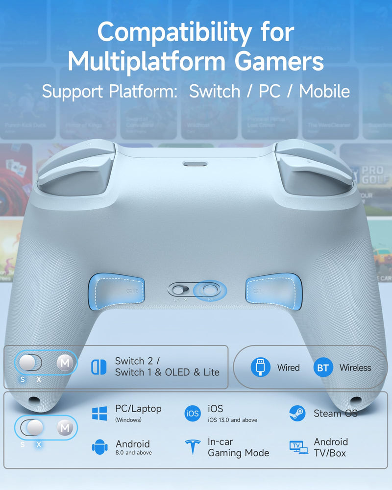 EasySMX S10C Switch 2 Pro Controller with Instant Wake-Up, Hall Effect Joysticks, HD Rumble, Motion Control, 2 Back Buttons, Turbo, C Buttons, for Switch 2/Switch/PC/iOS/Android Blue