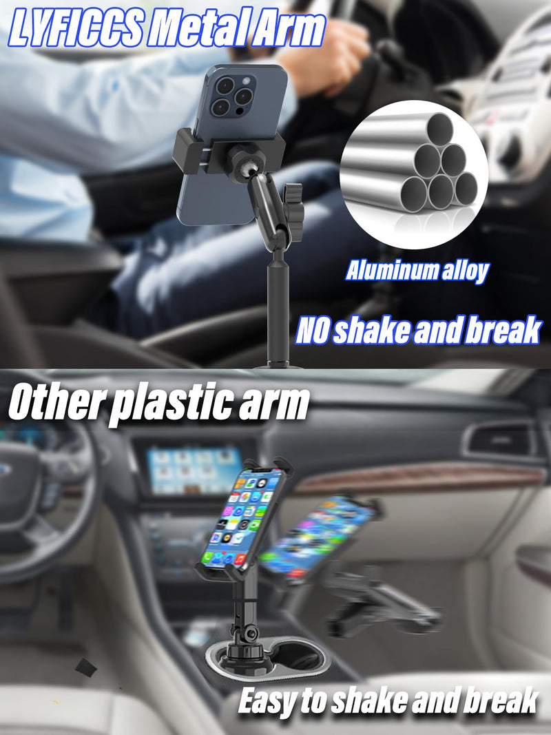 Car Cup Holder Phone Mount, [Metal Anti Shake Arm] Phone Holder for Car, Thick Cases Friendly Cradle Fit for iPhone 16/15/14 Pro Max, Galaxy Z Fold7, S25/24/23 and 4-7" Cellphone