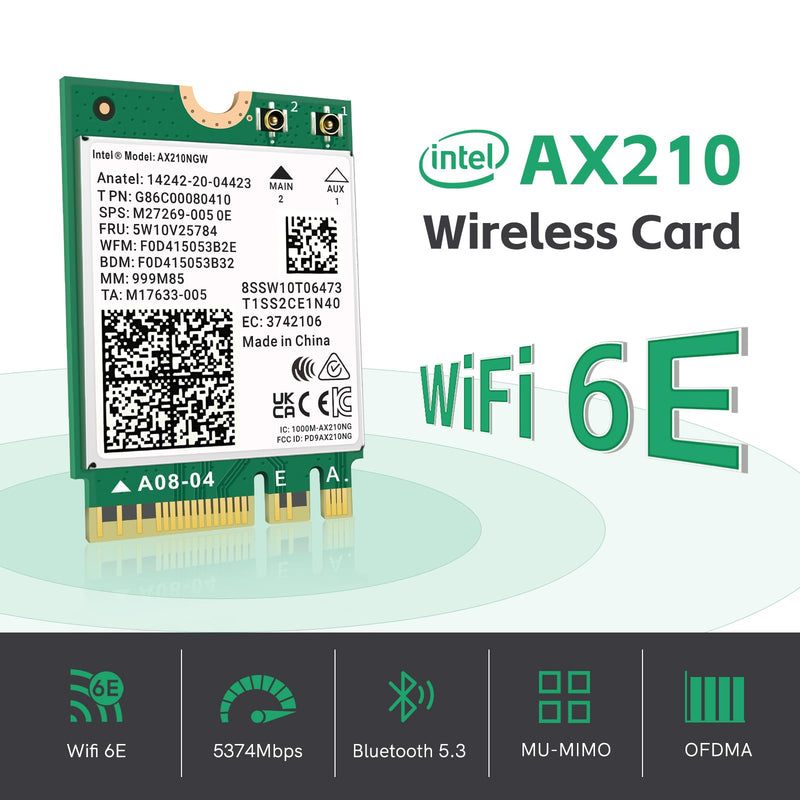 WiFi 6E AX210 NGW Wireless Card M.2 2230/NGFF WiFi 6E Laptop Module with Bluetooth 5.3, 5400Mbps Tri-Band AX210 WiFi Chip Adapter, Ultra-Low Latency, Supports Windows 11/10 (64bit only)