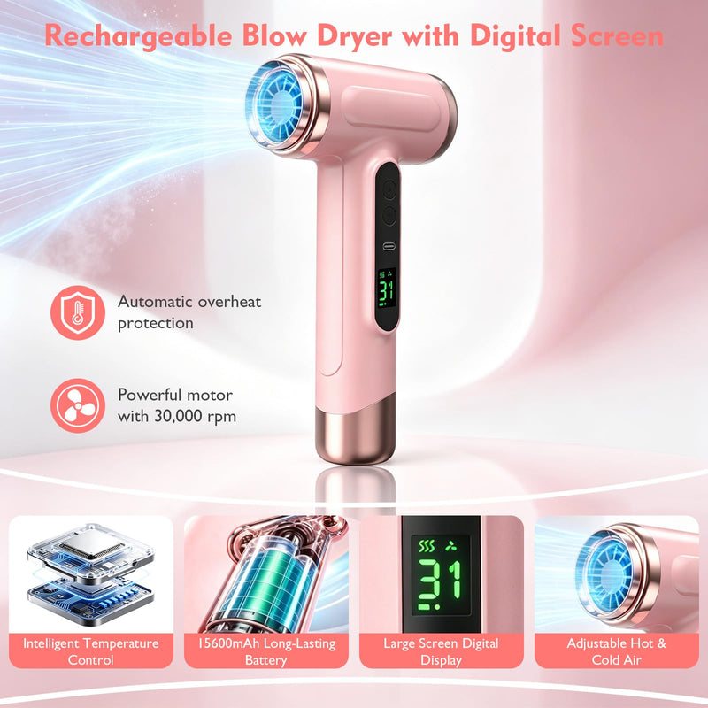 Cordless Hair Dryer, Portable Rechargeable Blow Dryer with Digital Screen, 3 Heat & Speed Settings, USB Charging, Lightweight Travel Hair Dryer for Home, Dorm, Travel, Camping & Outdoor Use (Pink) Pink