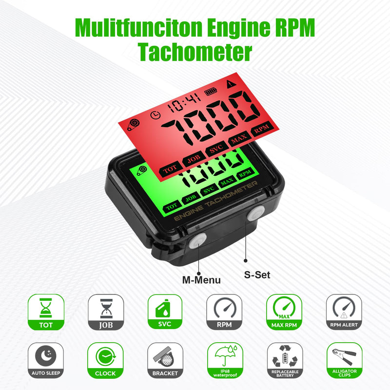 Digital Tachometer Hour Meter with RPM Alarm,IPX68 Waterproof Small Engine Tachometer,Replaceable Battery,Inductive RPM Gauge for Motorcycle,Chainsaw,Mower,ATV,Marine