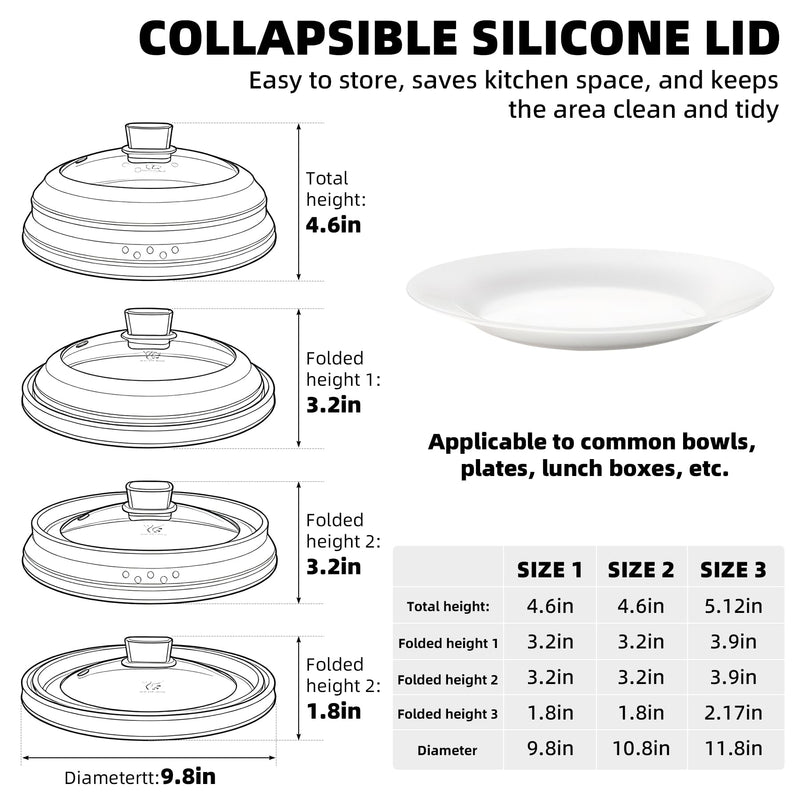 Microwave Splatter Cover Glass Cover Guard Lid with Collapsible Silicone for Food Pot Plate Cover 9.8 inch Light Grey