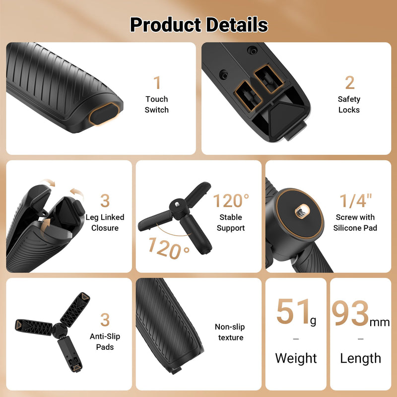 Mini Tripod&One-Touch Deploy Hand Grip for DJI Osmo Pocket 4/3. | Camera Tripod for Action 6/5 Pro/4/Nano,1/4"-20 Screw Mount for Insta360 for GoPro, DSLR Camera,Smartphone.