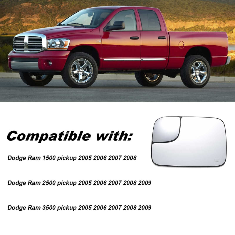 Heated Mirror Glass Left Driver Side Compatible with Dodge Ram 1500 2500 3500 2005 2006 2007 2008 2009 Replace# 5161011AA With spotter mirror Driver Left Side