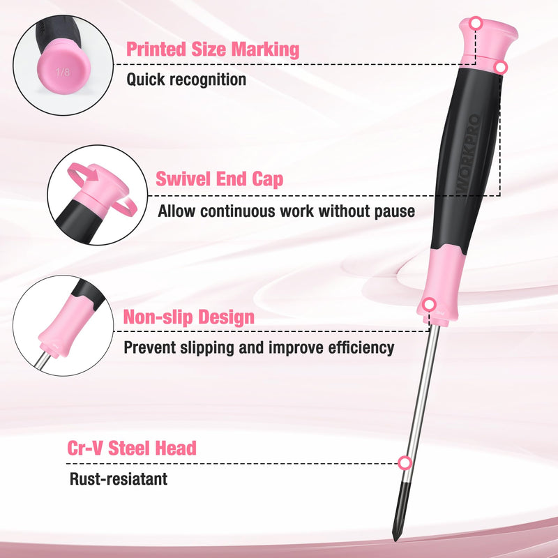 WORKPRO 10-Piece Precision Screwdriver Set with Pink Pouch, Phillips, Slotted, Torx Star, Magnetic Tip Small Screwdriver Repair Kit, for Eyeglass, Watch, Computer, Laptop and Phone - Pink Ribbon