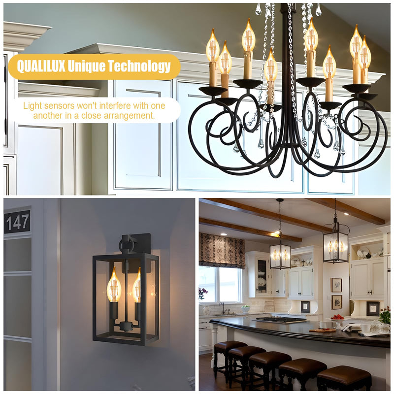 Qualilux Dusk to Dawn CA11 Candelabra LED Bulbs, Vintage Full Amber Glass, Non-Plastic, Warm Amber 2300K, 4W=40W, 400LM Auto On/Off Light Sensing Bulb, Non-dimmable, E12 Base, 6-Pack, HQ-H049