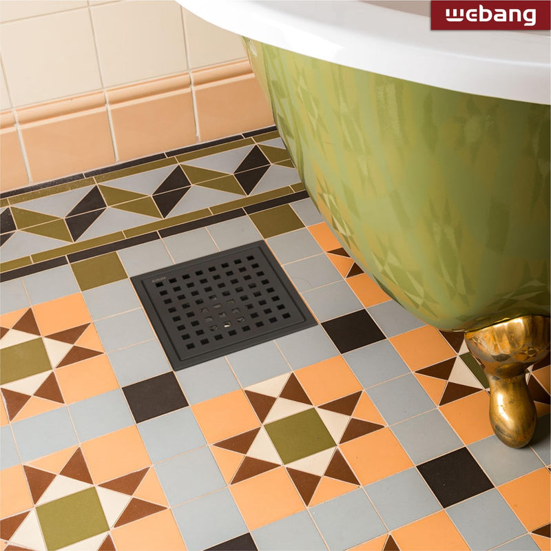 WEBANG 6 Inch Square Shower Floor Drain with Flange,Quadrato Pattern Grate Removable,Food-Grade SUS 304 Stainless Steel,Watermark&CUPC Certified,Matte Black Matte Black