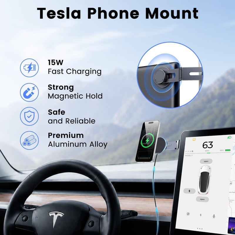 Tesla Phone Mount with 15W MagSafe Fast Charging, Foldable Hidden Car Holder for Tesla Model 3 / Y/Cybertruck, 360° Rotatable Dashboard Screen Bracket with Ultra-Strong N52 Magnets