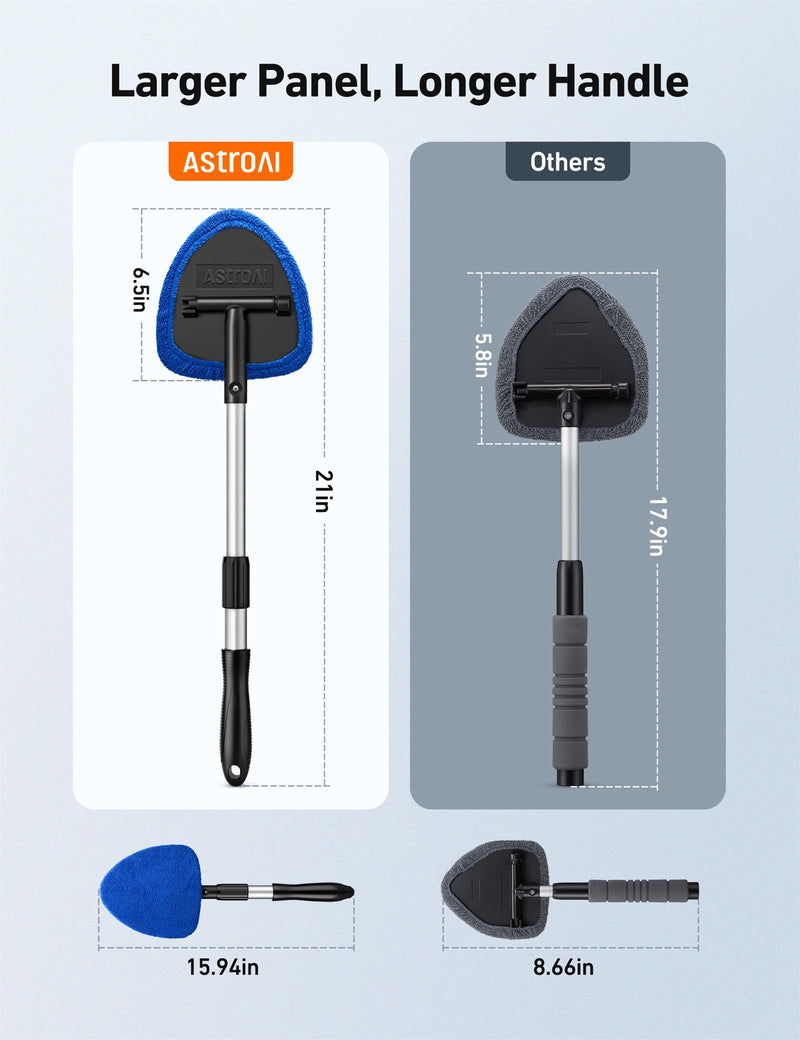 AstroAI Windshield Cleaning Tool, Car Window Cleaner Windshield Cleaner with 8 Reusable and Washable Microfiber Pads and Extendable Handle Auto Inside Glass Wiper Kit, Blue, 2 Pack