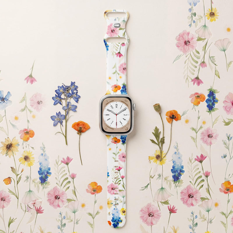 Floral Band Compatible with Apple Watch Bands for Women 40mm 42mm 41mm 38mm 44mm 45mm 46mm 49mm, Cute Pattern Flower Soft Silicone Sport Strap for iWatch Series Ultra 11 10 SE 9 8 7 6 5 4 3 2 L-Spring Garden 38mm/40mm/41mm/42mm [series 11 10]