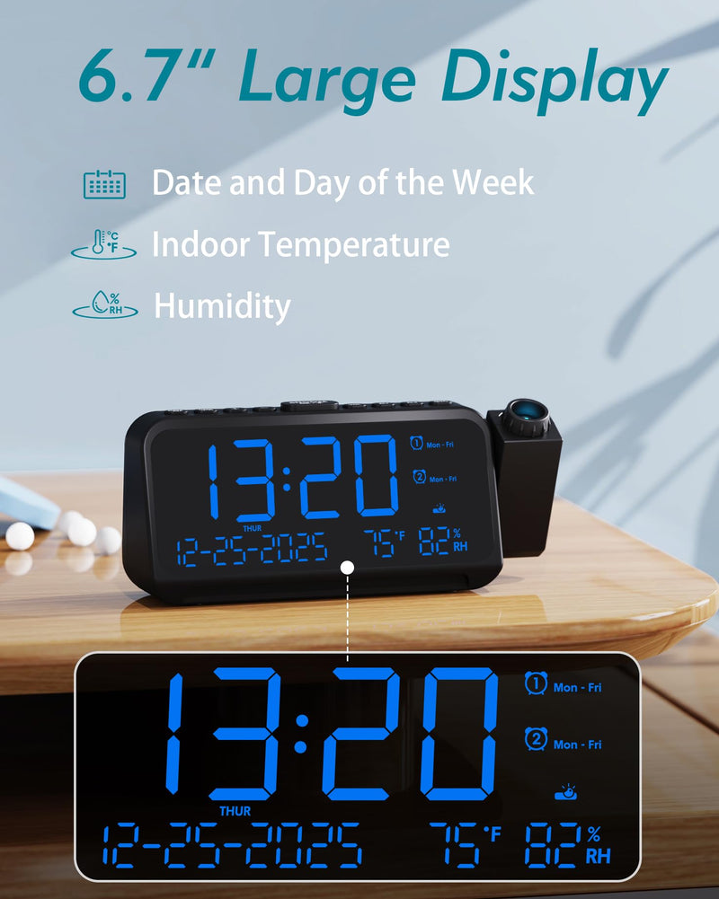Roxicosly Projection Alarm Clock for Bedroom Ceiling, 118 dB Super Loud for Heavy Sleepers, 6.7" Large Digital Dimmable Display with Day Date Indoor Temp Humidity, Dual Alarms Adjustable Volume Blue Digit+blue Projection