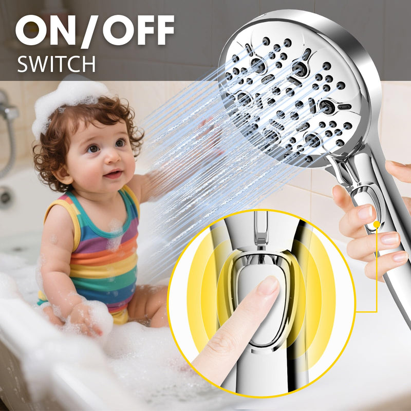 High Pressure Shower Head with Handheld,8-settings Handheld Shower Head with On Off Switch,79-inches Extra Long Hose and Built-in Power Wash to Tub,Wall&Tile,Adjustable Brackets,Silver
