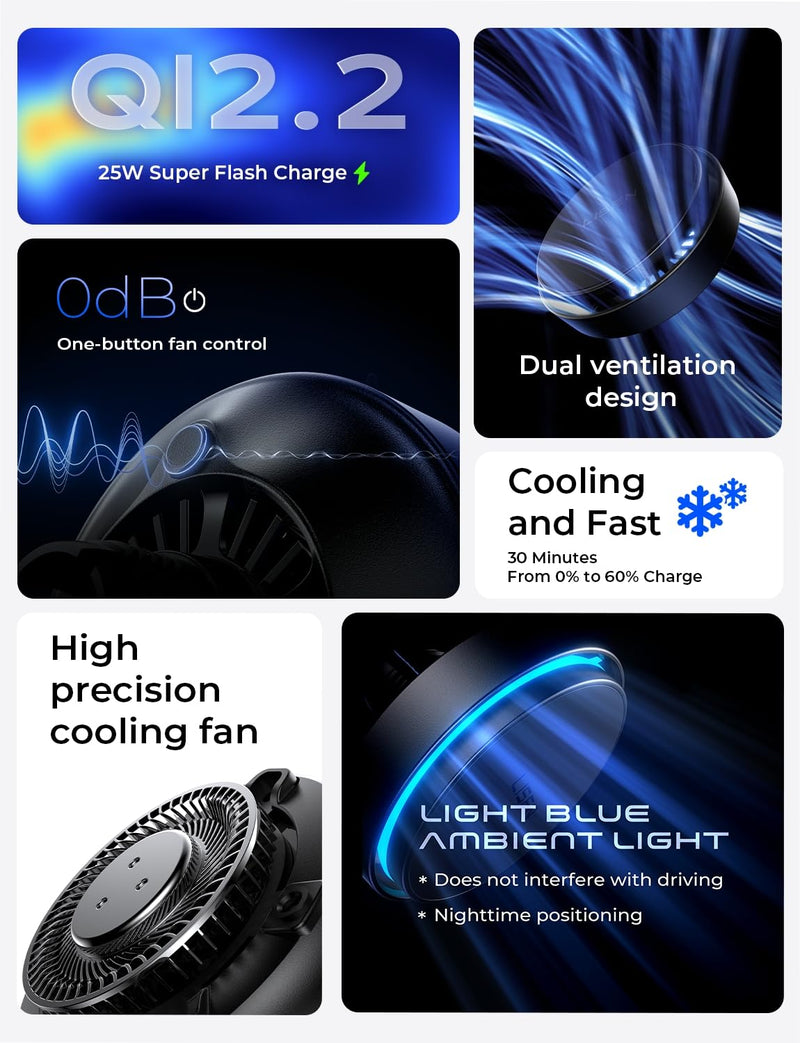 LISEN for Qi2.2 25W MagSafe Car Mount Charge,Cooling Fan,95W Fast Adapter | 3 IN 1 Fast Charging Magnetic Phone Holder for Car, Magnetic Phone Charger for Car for iPhone 17 Pro Max Air 16 15 14 13 12 Black