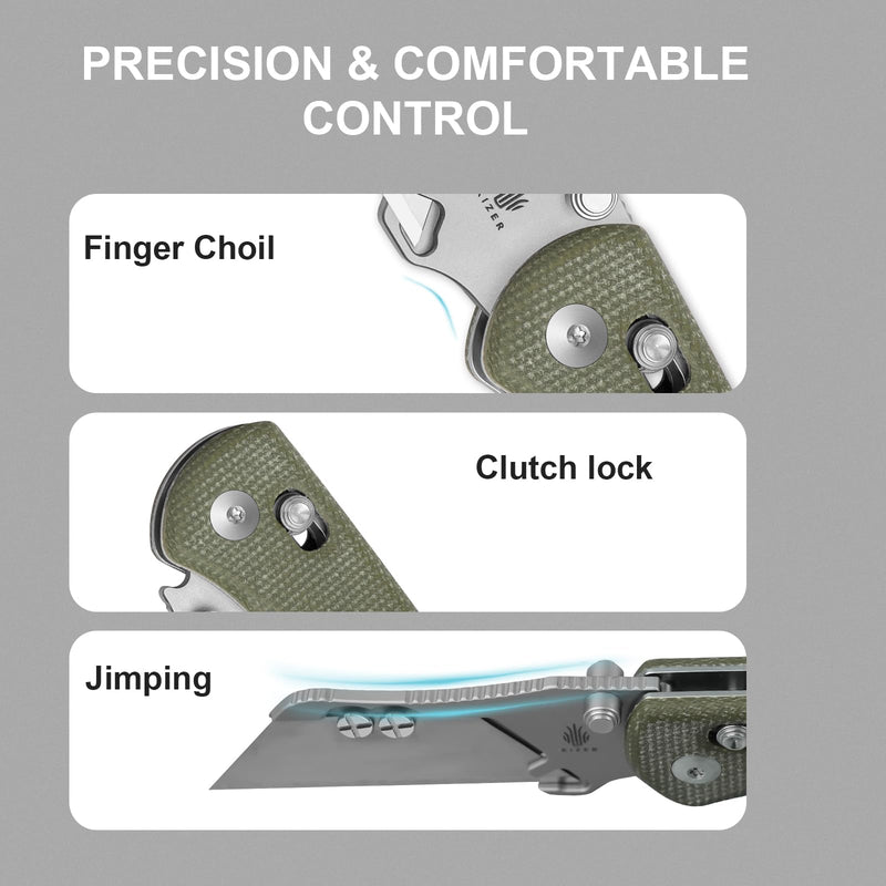 Kizer Uti Bear(New Dual-screw Version) Folding Utility Knife, Clutch Lock Box Cutter EDC Pocket knife with 5PCS Razor Blades, Pocket Knives with Pocket Clip for Men Women V3619JM1 Olive Green
