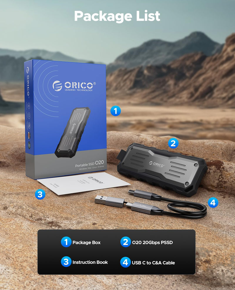 ORICO 1TB External SSD Up to 2000MB/s, Interface Extra Protection, Waterproof and Dust-Proof, Rugged and Reliable Outdoor Portable Solid State Drives for Action Camera, Smartphone, Laptop - O20