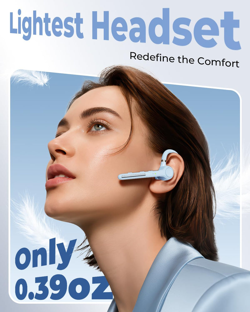 Ngsod Bluetooth Headset V5.4,USB Dongle Wireless Earpiece with Mic for Work | 500mAh Charging Case,50H Talk Time,Dual connect & Mute,ENC Noise Cancelling Lightest Headphones for Work Trucker,Light Blue Light Blue