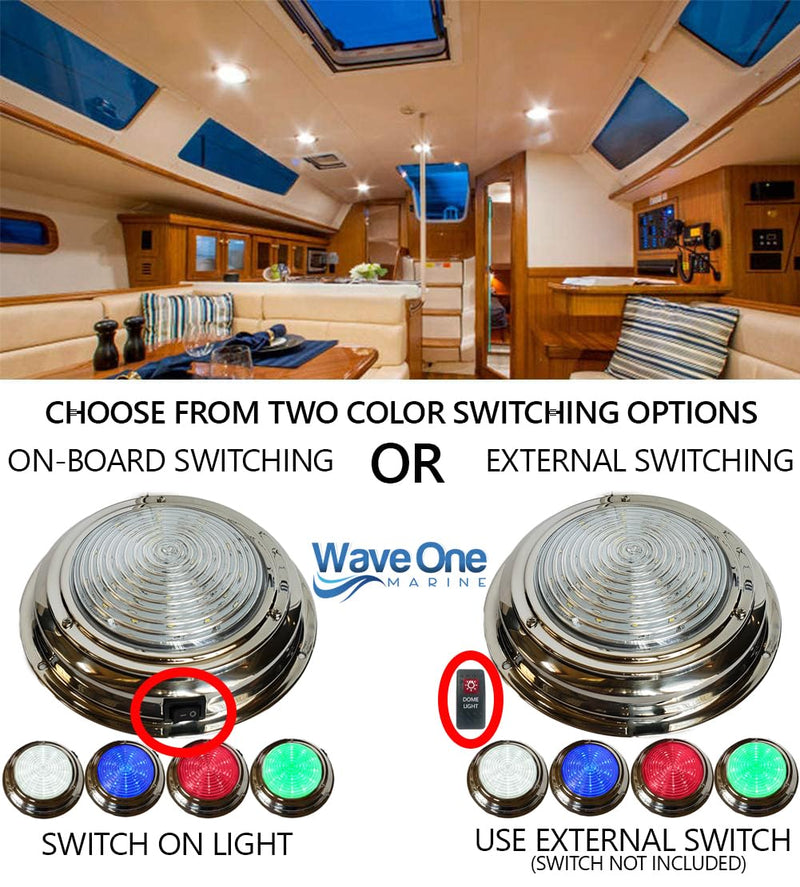 Wave One Marine Four Color 7" LED Boat Dome Light 12V RGBW RV | Stainless | Ceiling Cabin Surface Mount | WHITE BLUE RED GREEN | Use External Rocker Toggle Switch To Change Colors (External Switch) EXTERNAL Color Switching
