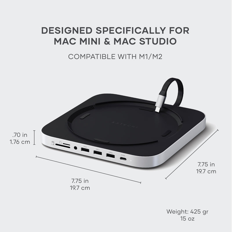 Satechi Mac mini Hub & Stand with SSD Enclosure for NVME/SATA M.2, Mac mini Dock with USB C 10Gbps, 3 USB A 5/10Gbps, 2.0 Audio Jack, for Mac Studio, Mac mini M2/M1 (Not Compatible with M4) - Silver NVMe SATA SSD