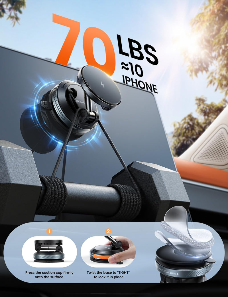 Lamicall 15W for MagSafe Car Mount Charger, 360° Wireless Car Phone Holder | Dual USB-C Ports Magnetic Phone Holder for Car, 70 LBS Vacuum Suction Phone Mount for iPhone 17 16 Pro Max Truck Jeep Black 64 mm