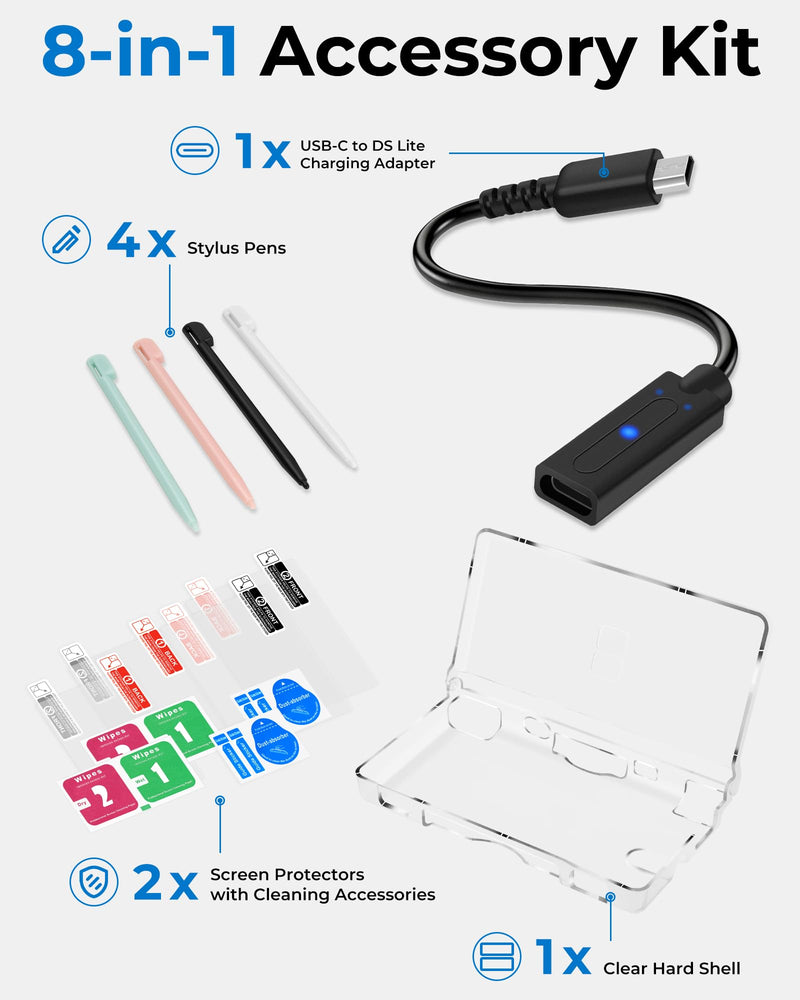 DS Lite Charger and Case Bundle, USB C to DS Lite Charging Adapter, Clear Crystal Case, 2 Sets of Screen Protectors, 4 Stylus Pens for Nintendo DS Lite NDSL
